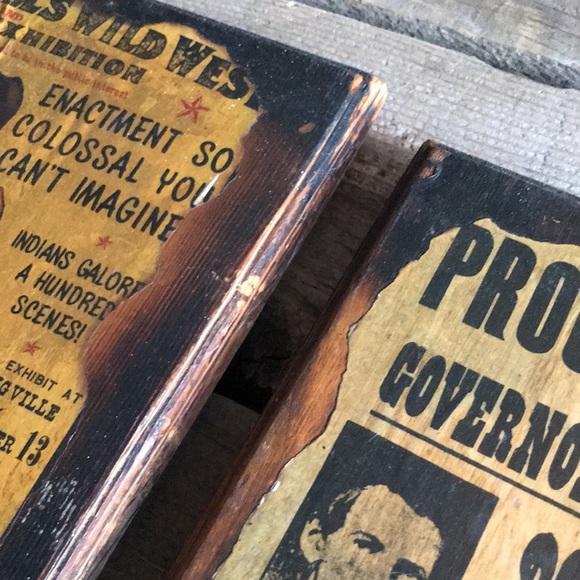 VTG Wild West Buffalo Bill Jesse James Lacquered Decoupage Burnished Wood Signs - Picture 7 of 8